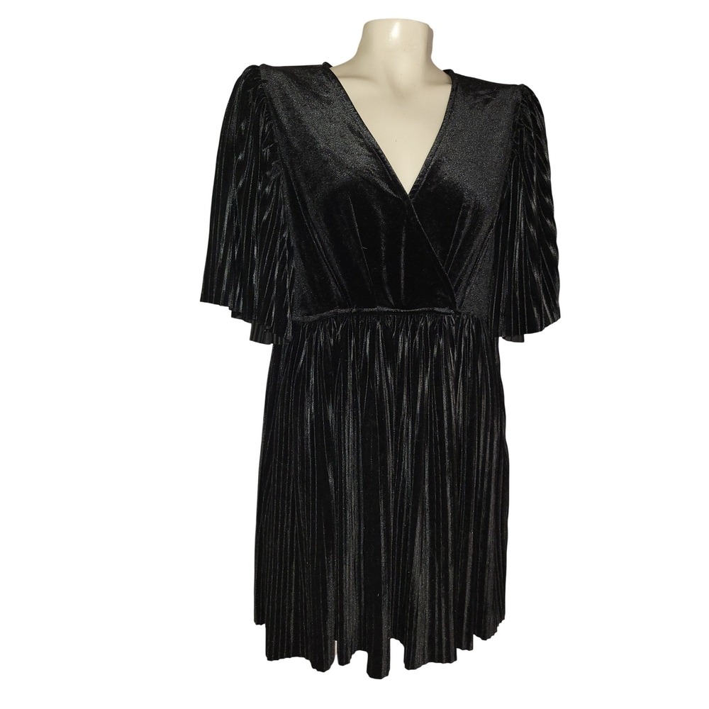 Loveriche NEW Black Velvet Pleated Mini Dress LD42637 Wrap V-Neck Short Sleeve L